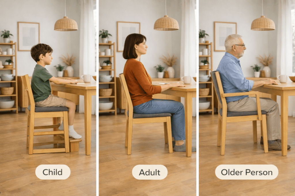 Dining chair ergonomics for children adults and seniors