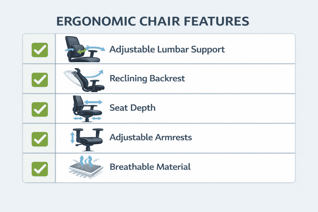 A close-up view of an ergonomic office chair showing its labeled features including lumbar support, adjustable backrest, seat depth, armrests, and cushioning in a modern office environment.