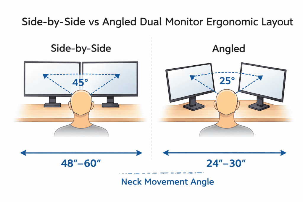 side by side vs angled dual monitor ergonomic desk layout comparison