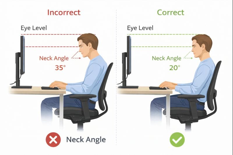 Incorrect vs correct monitor height and posture at a desk