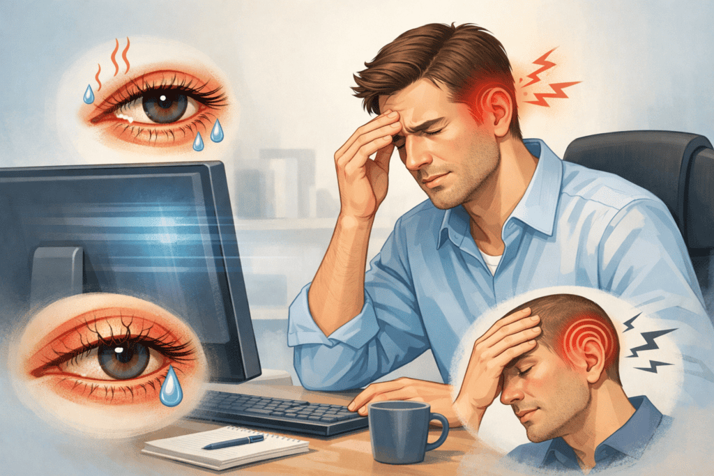 digital eye strain symptoms dry eyes, headache, fatigue
