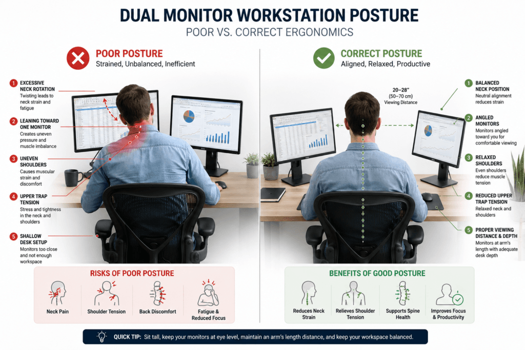 Correct primary and secondary monitor positioning for ergonomic dual monitor setup
