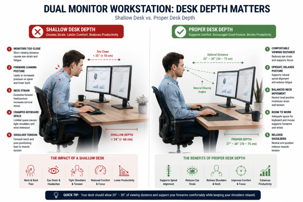 Dual monitor ergonomic setup showing correct desk depth and monitor viewing distance