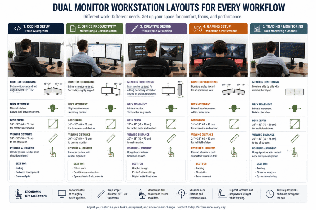 Dynamic ergonomic posture changes during long dual monitor computer sessions
