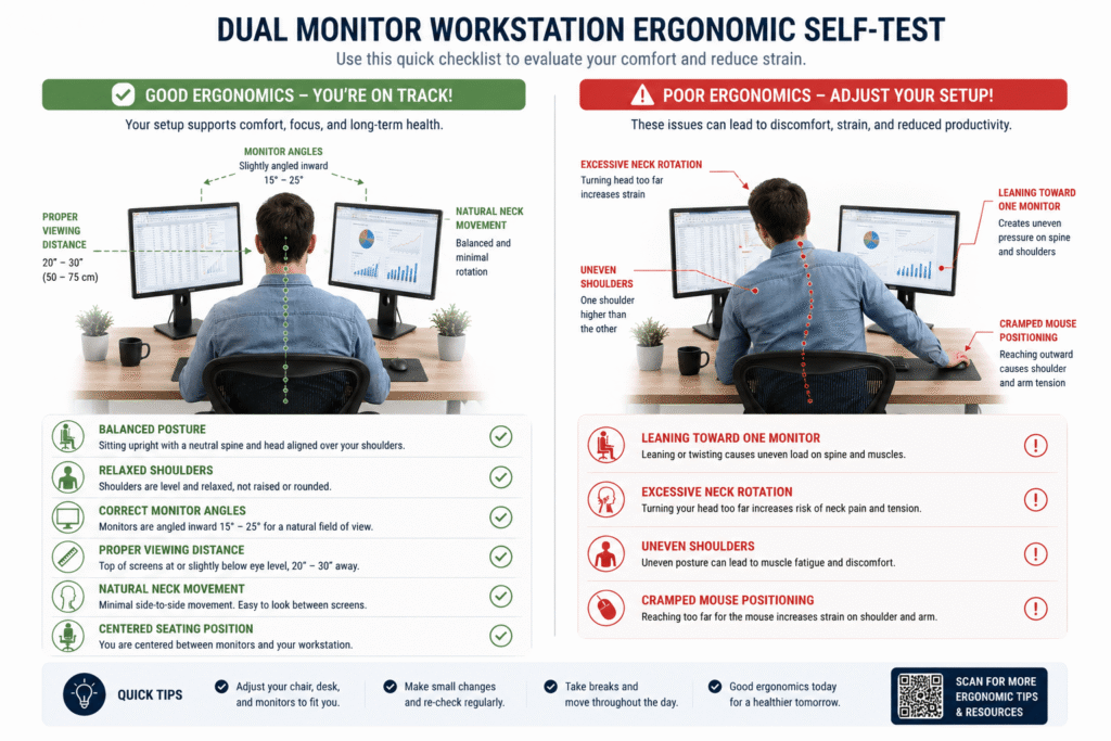 Dual monitor ergonomic self test showing posture and monitor alignment checkpoints
