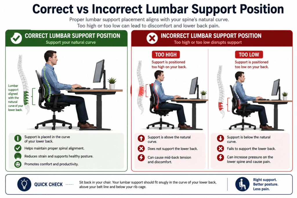 Comparison showing proper lumbar support position versus incorrect lumbar support placement