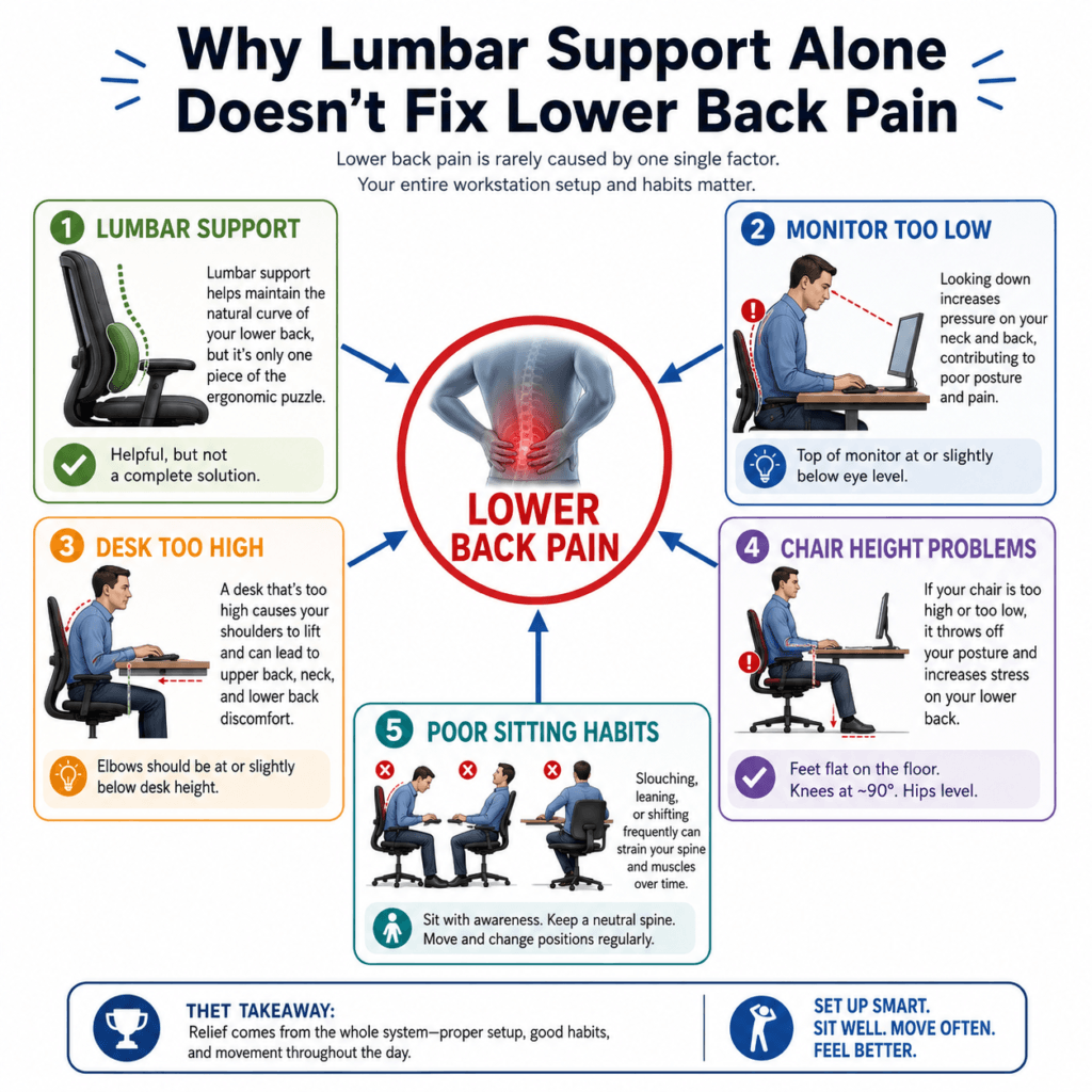 Diagram showing how monitor height, desk height, chair height, and lumbar support contribute to lower back pain