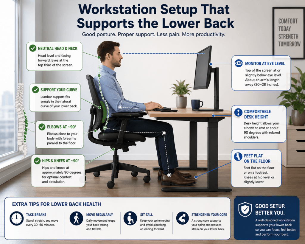 Lower back pain troubleshooting chart showing symptoms causes and workstation adjustments
