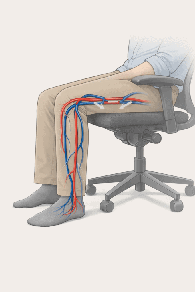 Diagram showing restricted blood circulation in legs during prolonged sitting