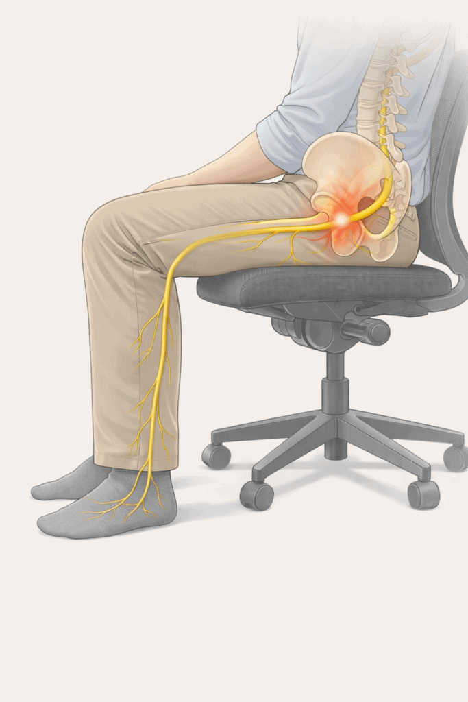 Illustration of sciatic nerve compression caused by poor sitting posture