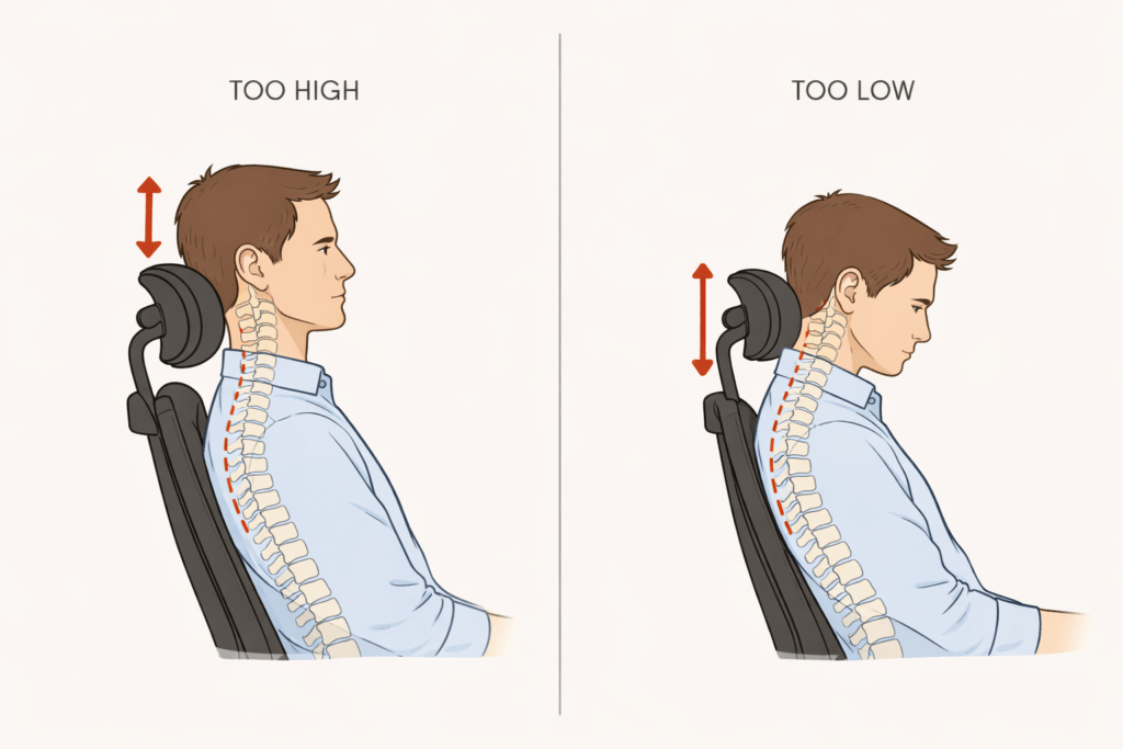 incorrect headrest height causing neck discomfort while sitting