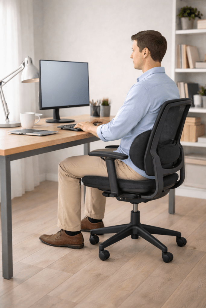 Proper desk setup with correct monitor height and lumbar support