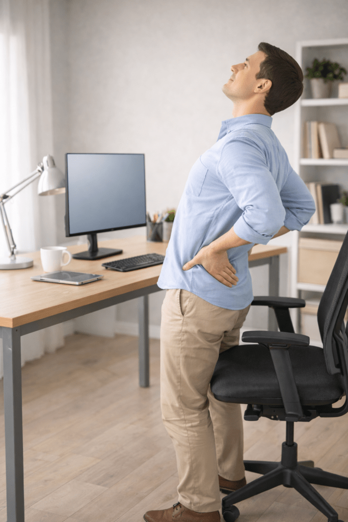Standing back stretch to reduce stiffness after desk work