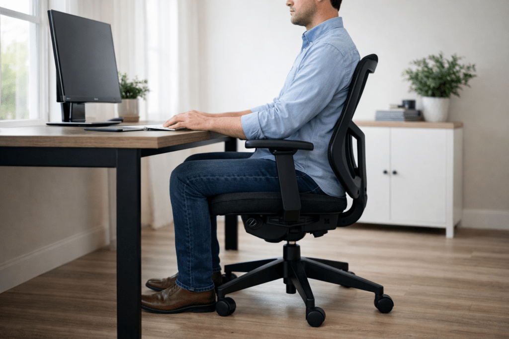 person sitting with feet flat and knees at 90 degrees in properly measured chair