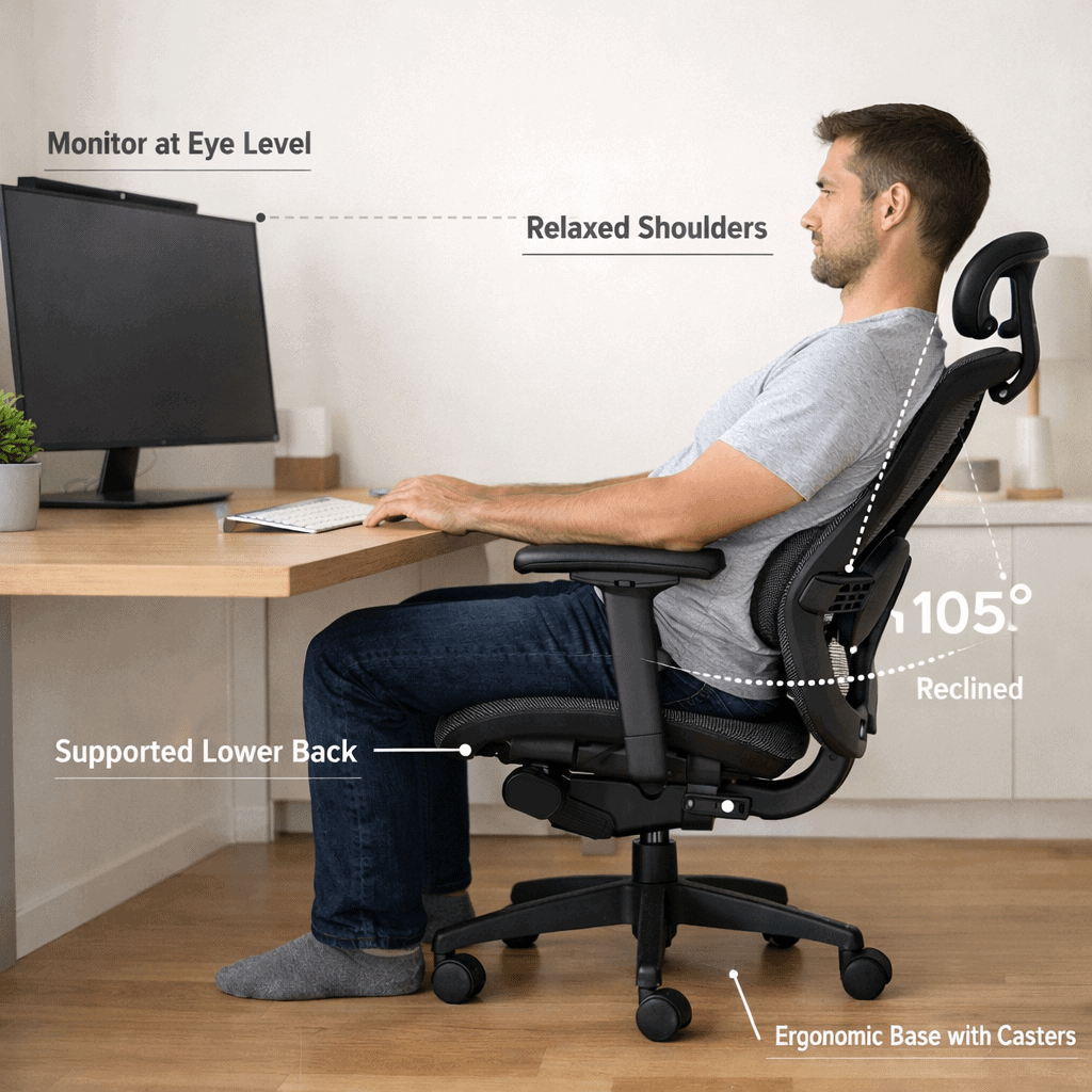 Slight recline sitting posture reducing spinal pressure