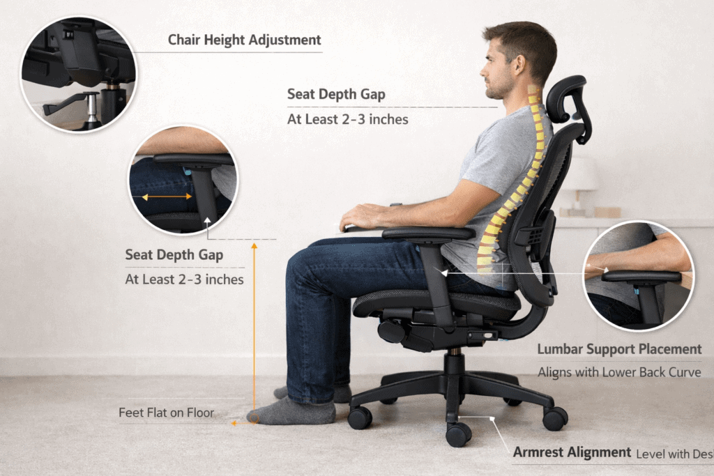 How to adjust chair height seat depth and lumbar support for comfort
