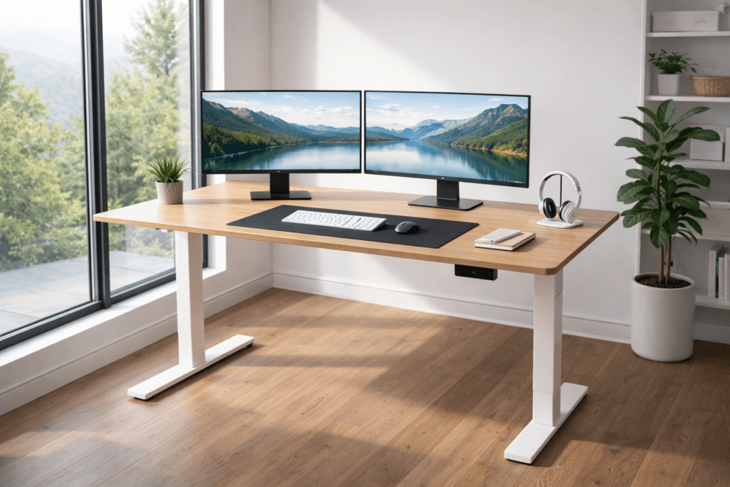 dual monitor setup on standing desk