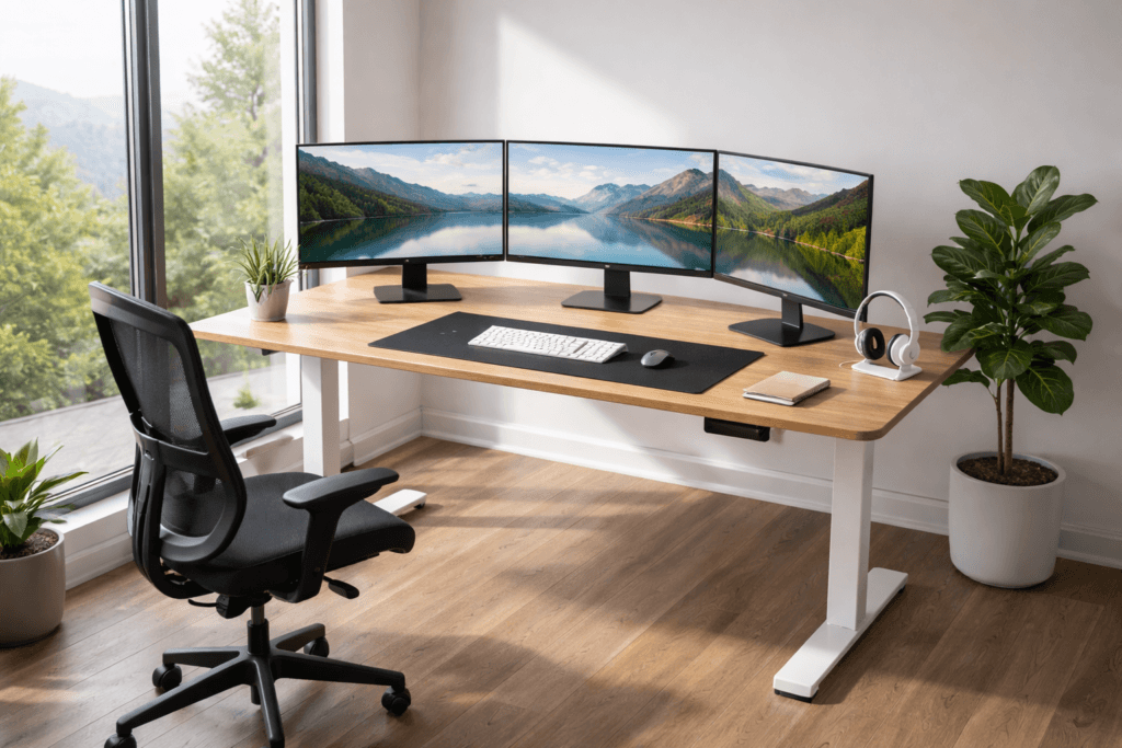triple monitor setup on wide standing desk