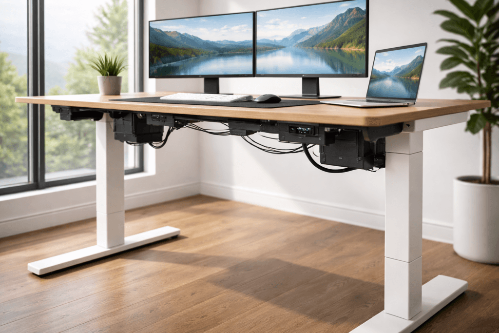 stable standing desk frame supporting multiple monitors