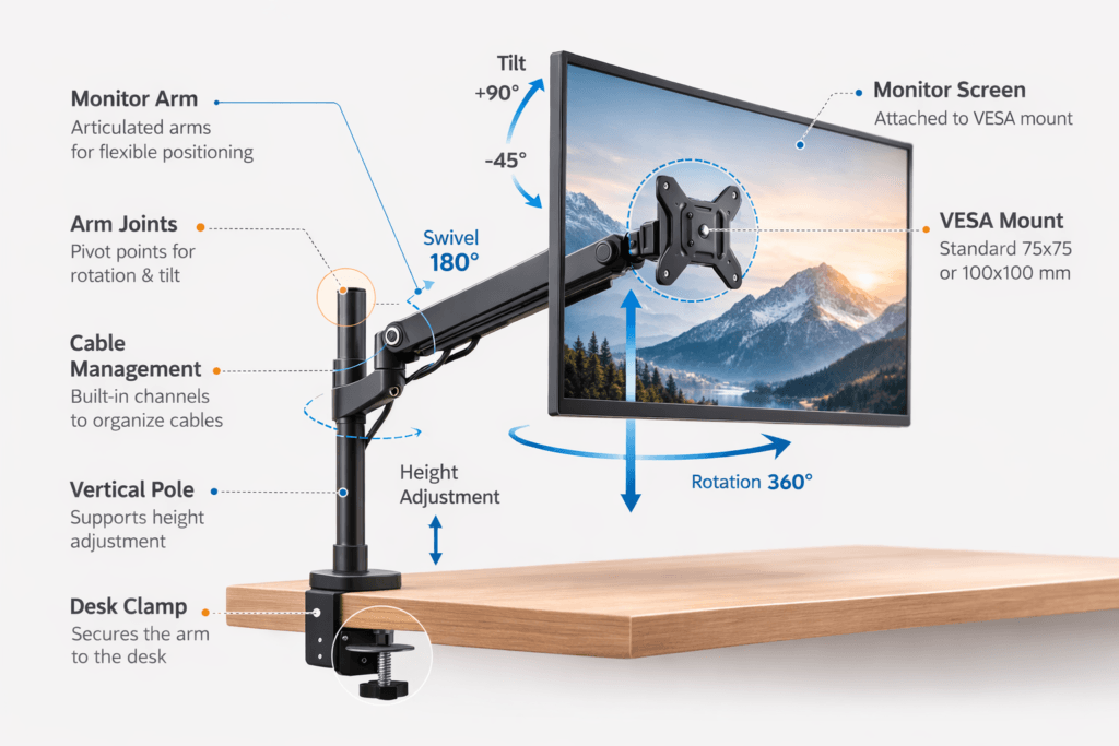 monitor arm parts diagram labeled setup guide