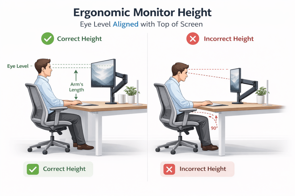 correct monitor arm height eye level diagram