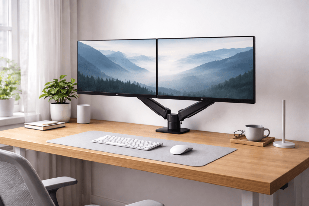 dual monitor arm setup ergonomic desk