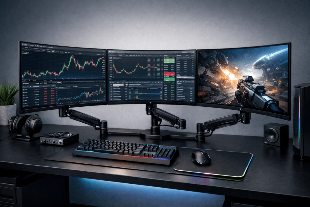 triple monitor arm setup workstation