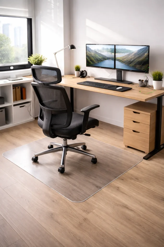 ergonomic desk setup with rolling chair posture