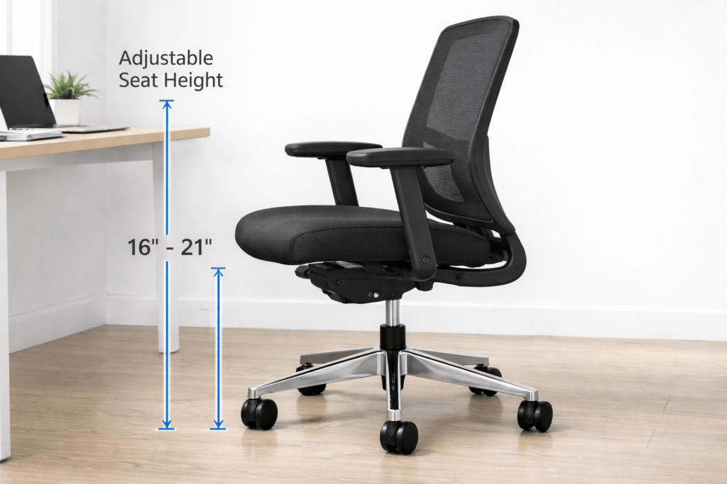 Standard office chair seat height range from 16 to 21 inches