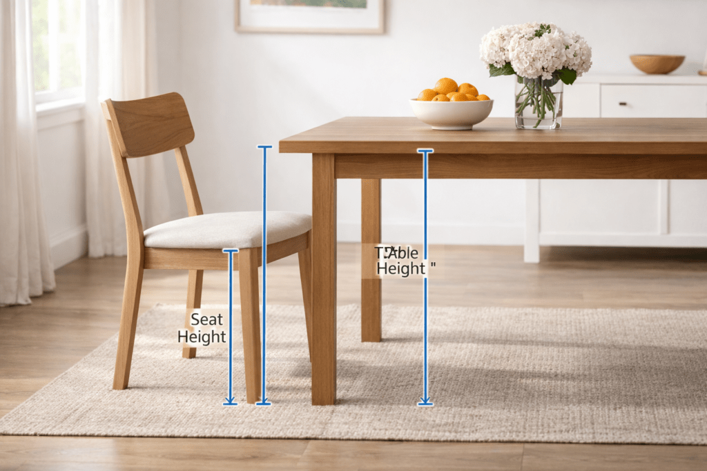 Standard dining chair height compared to dining table height