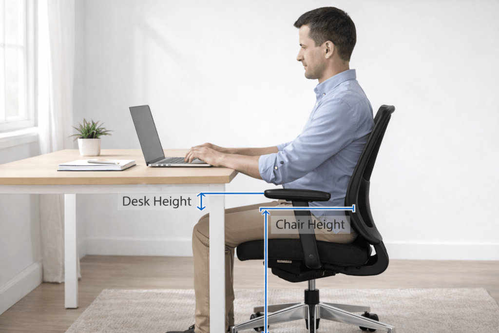 Correct desk and chair height compatibility with 90 degree elbow position