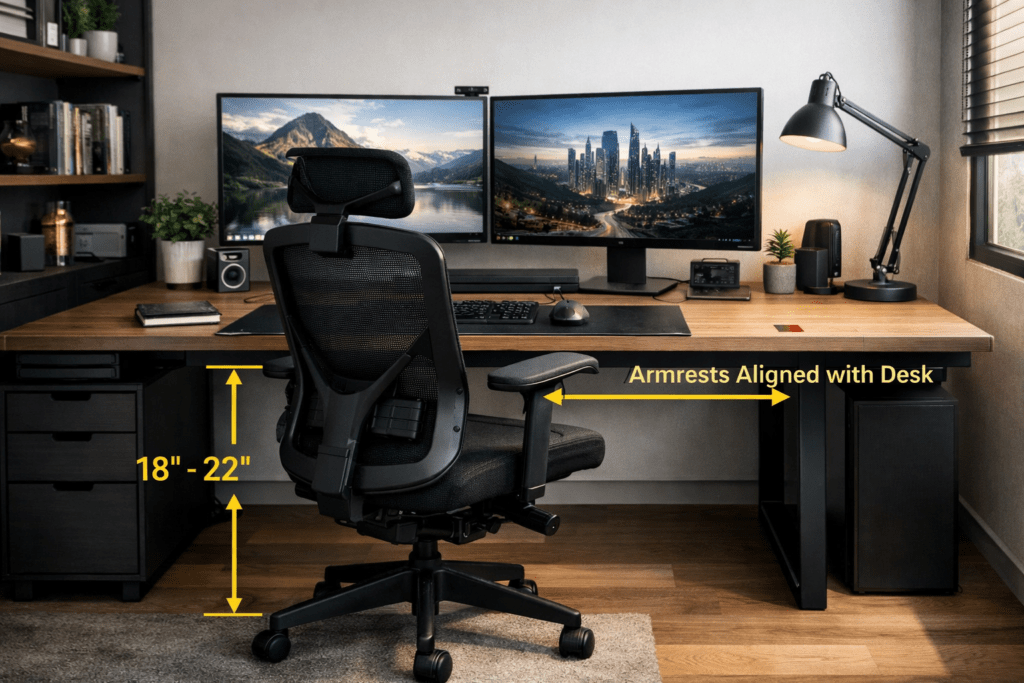 Ergonomic chair setup for multiple monitor workstation