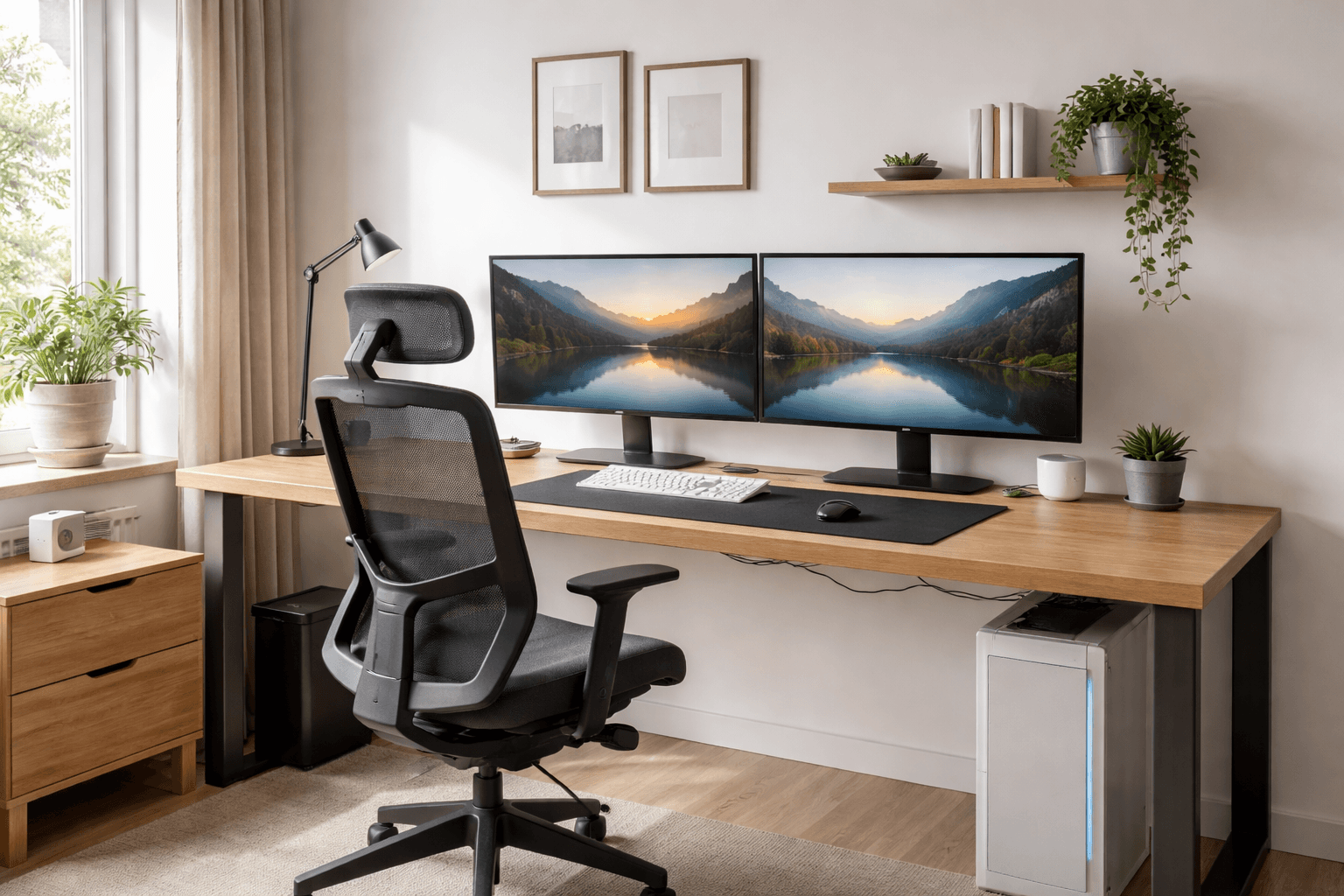 multiple monitor desk setup with two screens on wide workspace