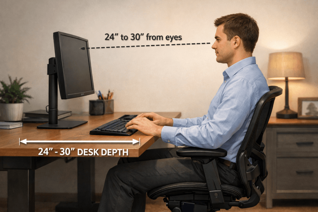 Proper desk depth showing correct monitor viewing distance