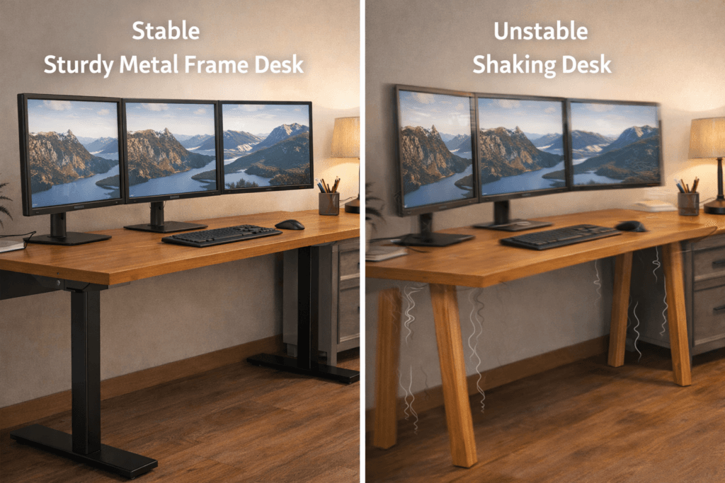 Stable desk frame supporting multiple monitors without shaking