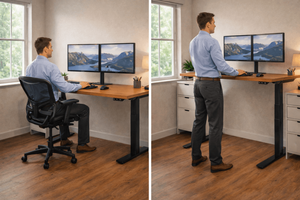 Standing desk with dual monitors in adjustable position