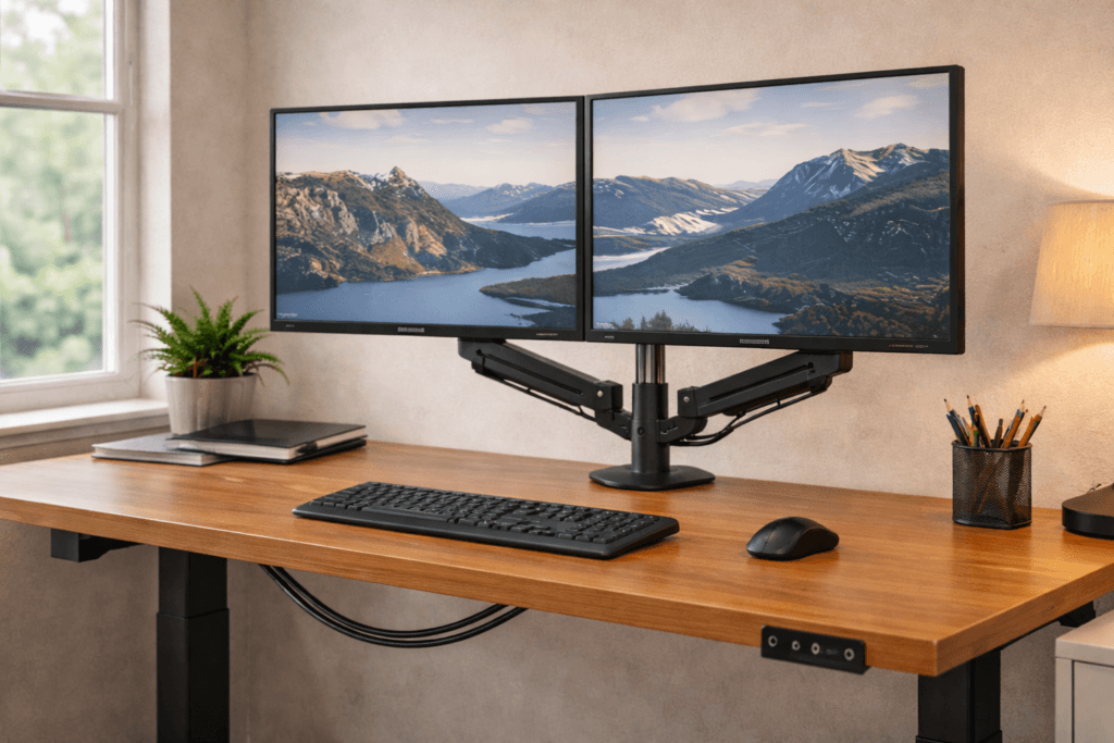 Dual monitor arm setup saving desk space