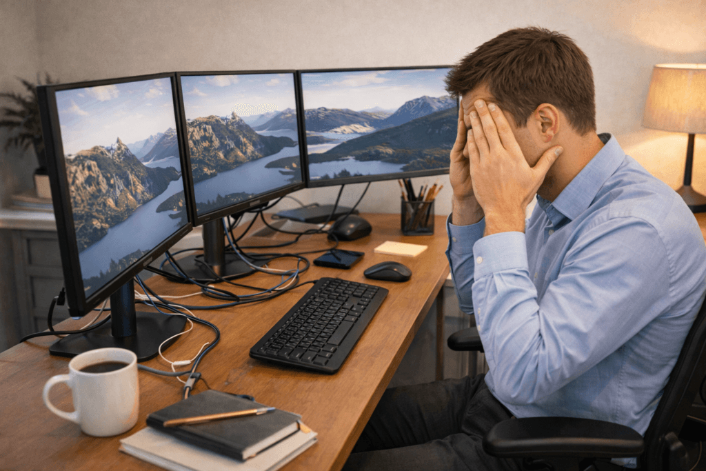 Crowded desk with multiple monitors causing workspace frustration