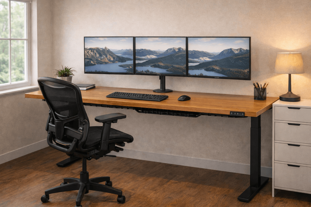 Ideal triple monitor desk setup with proper spacing and alignment