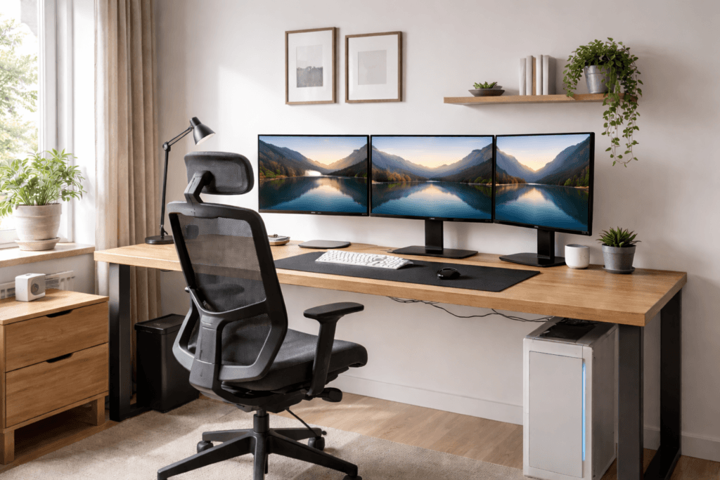 three monitor curved desk setup