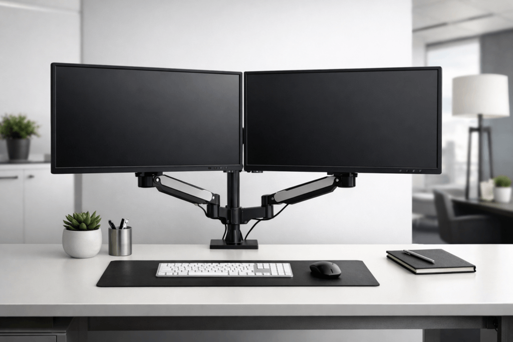 dual monitors mounted on adjustable monitor arms