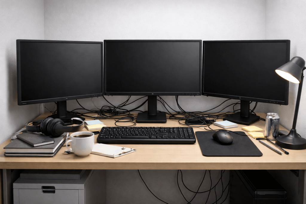 crowded desk with three monitors causing poor posture