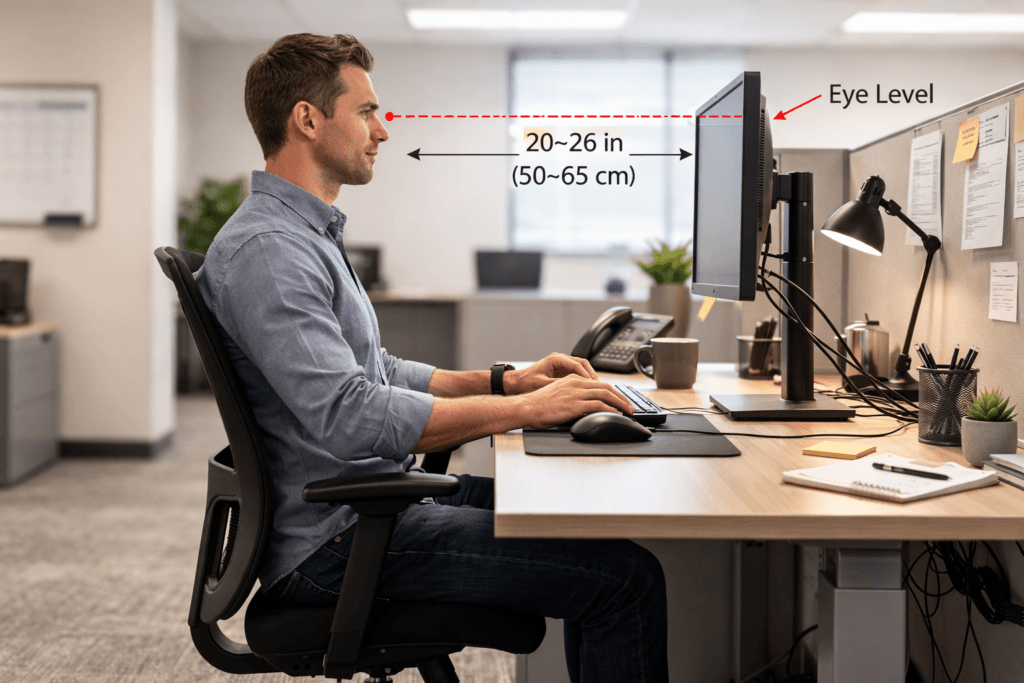 monitor positioned at eye level for ergonomic posture