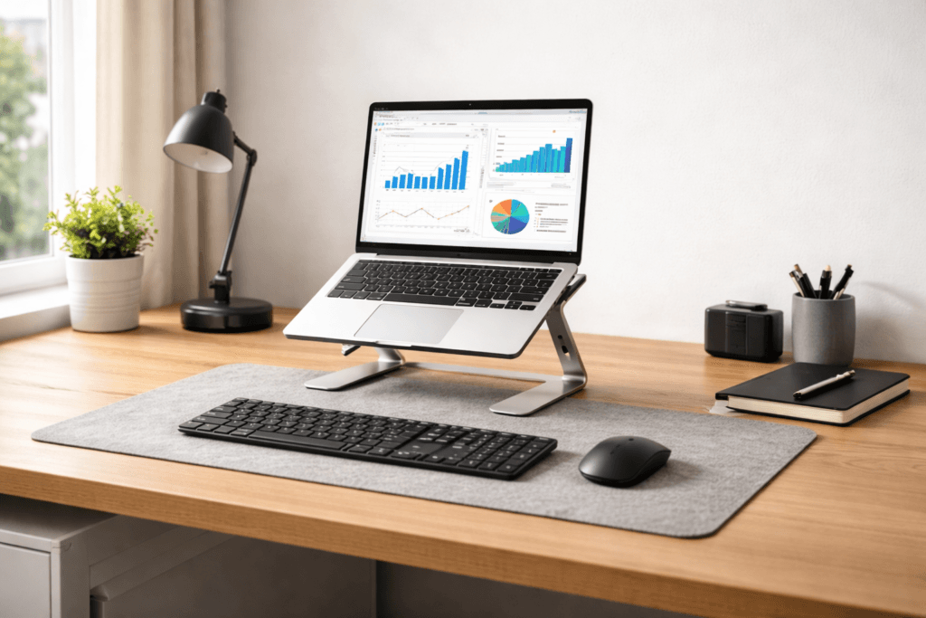 laptop stand ergonomic setup with keyboard