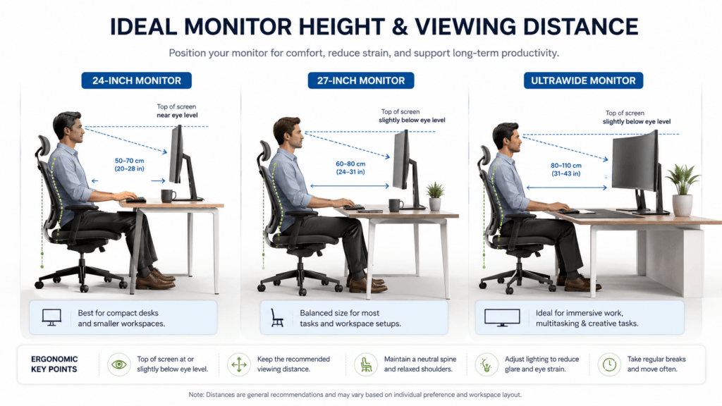 Ideal monitor height setup comparison for 24-inch, 27-inch, and ultrawide monitors showing ergonomic viewing distance and eye-level positioning