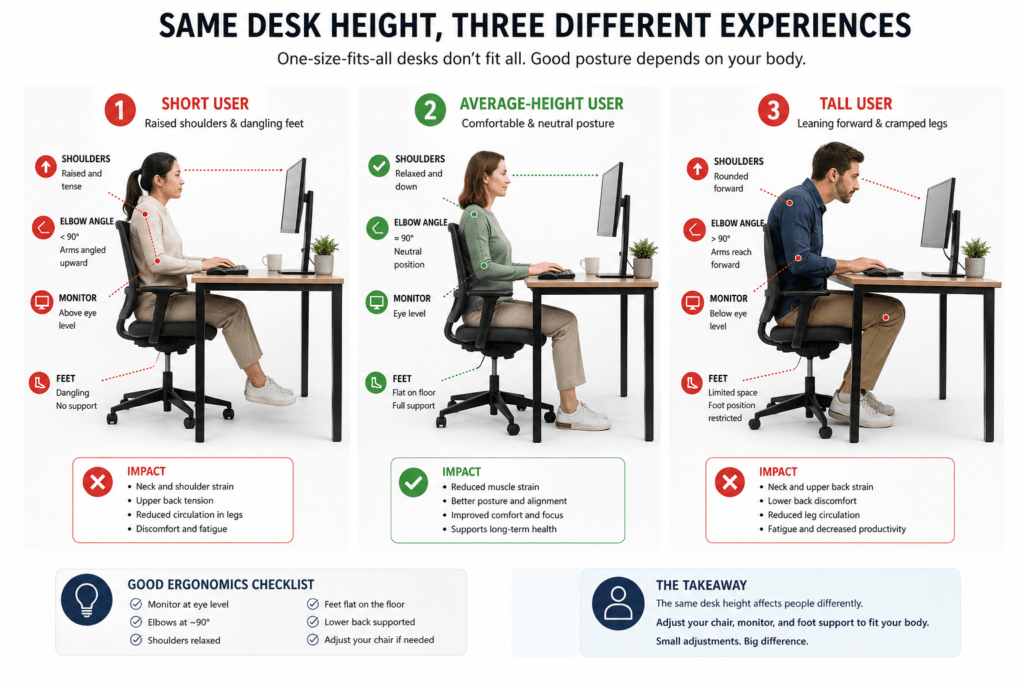 Incorrect desk height causing shoulder neck and wrist strain during computer work