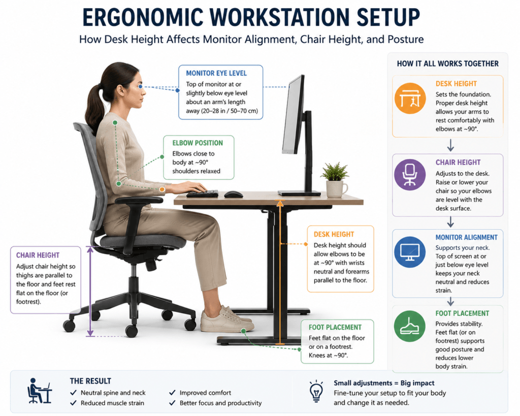 Relationship between desk height chair height and monitor alignment in ergonomic workstation setup