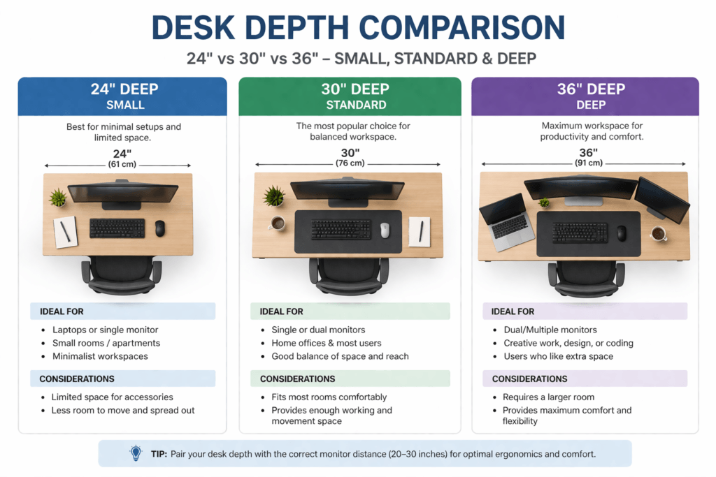 desk depth comparison chart standard sizes