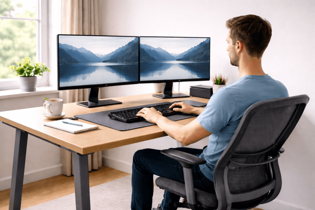 dual monitor desk depth ergonomic setup