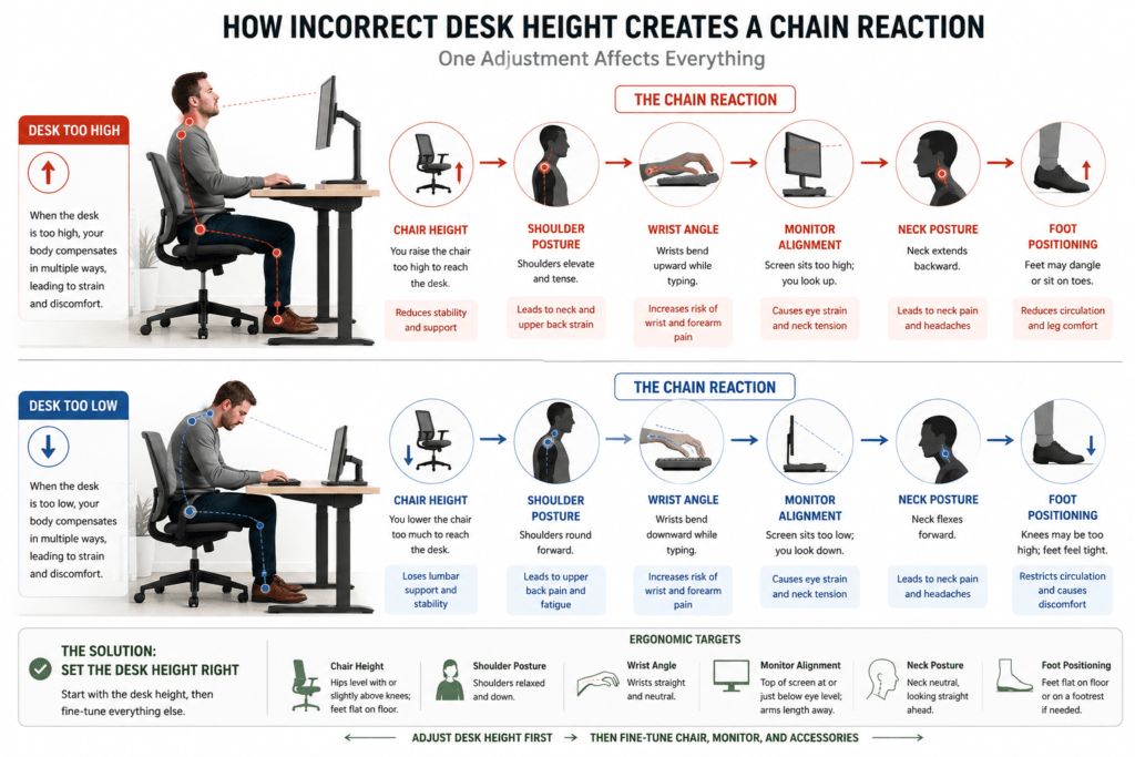 Desk height ergonomic chain reaction affecting shoulders neck wrists and monitor posture